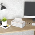 Miniatyrbild 7 av 8: PU Läder Ansiktsservettdispenser med Lock Rektangulär Servettbox Omslag (Grått Marmormönster)