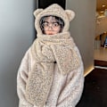 Miniatyrbild 2 av 5: 3 i 1 mössa Scarf Handskar Set Vinter Varm Söta Björnöron Cap Casual Solid Tjock Bomull