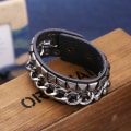 Miniatyrbillede 3 af 5: Herre Sort Ægte Læder Fashion Armbånd Legering Knapper Manchet