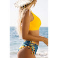 Miniatyrbild 4 av 5: Kvinnors rynkade twist bikini set blommigt tryck spets upp bikini set 2 P
