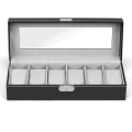 Miniatyrbillede 4 af 5: 6 Slots Læder Urboks Display Box Organizer Glas Smykkeopbevaring Sort