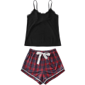 Miniatyrbild 1 av 5: Kvinnors Pyjamas Set Rutig Tryckt Slip Top och Elastisk Midja Klippt
