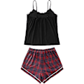 Miniatyrbild 2 av 5: Kvinnors Pyjamas Set Rutig Tryckt Slip Top och Elastisk Midja Klippt