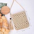 Miniatyrbild 4 av 5: 1 st beige halm väska för kvinnor, handgjord boho stil strand halm väska