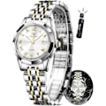 Miniatyrbild 1 av 5: OLEVS Damklocka, Romerska Siffror Lyxig Diamantklocka Vattentät Analog Kvarts med Datumklocka för Kvinnor White dial/gold silver strap