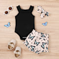 Miniatyrbild 2 av 8: Babykläder Flicka Sommar Söta Kläder 12 18 Månader Spaghettiband Romper & Blommig Shorts Set black 80CM