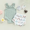 Miniatyrbild 4 av 7: Babykläder Flicka Sommar Söta Kläder 12 18 Månader Spaghettiband Romper & Blommiga Shorts Set green 90CM