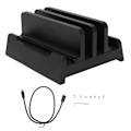 Miniatyrbillede 2 af 7: Vertikal bærbar computer stand til skrivebord justerbar dobbelt slots pladsbesparende bærbar computer holder til mobiltelefon tablet op til 17,3 tommer sort