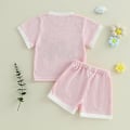 Miniatyrbild 3 av 7: Sommarkläder för små flickor, våfflad topp med 3D-blommor, kortärmad, shorts med resår i midjan, söta babykläder pink 18-24M