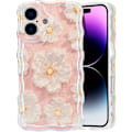 Miniatyrbilde 1 av 7: Deksel til iPhone 16plus, Fargerik Retro 0iI Maleri Trykt Blomst Laser Glanset Mønster Søt Krøllete Bølgekant Utsøkt Stilig Dura Light Pink