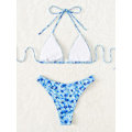 Pikkukuva 3 / 6: WJSM Naisten Halter-solmio Sivu Kolmio Bikinisetti Korkea Leikkaus 2-osainen Bikini Uimapuku Uimapuku Blue Floral M