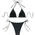 Pikkukuva 3 / 7: WJSM Naisten Halter-solmio Sivu Kolmio Bikinisetti Korkea Leikkaus 2-osainen Bikini Uimapuku Rhinestone Black M