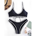 Miniatyrbild 2 av 6: WJSM Kvinnors Tie Back Vadderad Hög Skuren Bralette Bikini Set Två Delar Baddräkt 2-black M