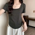 Pikkukuva 2 / 5: Olkapää neliökaulus lyhythihainen T-paita naisten puuvilla kesä design-sense slim-fit all-match puhdas Spice Girl lyhyt T-paita Top Carbon Gray S