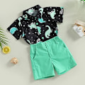 Miniatyrbild 3 av 7: Toddler Baby Pojke Kläder Shorts Set Dinosaurie Tryck Tröja Kortärmad Knäppning Upp Topp Enfärgade Shorts Sommar Outfit black 100cm