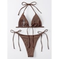 Pikkukuva 2 / 6: WJSM Naisten Halter-solmio Sivu Kolmio Bikinisetti Korkea Leikkaus 2-osainen Bikini Uimapuku Uimapuku Brown1 M