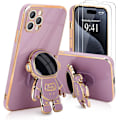 Miniatyrbilde 1 av 7: For iPhone 15pro-deksel, Søt 3D Astronaut Stativ med [2 Skjermbeskyttere] [Kamerabeskyttelse] Støtsikkert Bling Silikon Myk Purple