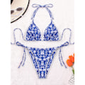 Miniatyrbild 5 av 6: Bikinis Badkläder Set för Kvinnor Baddräkt Triangel Badkläder Tie String Trosa Blue Floral M