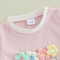 Miniatyrbild 4 av 7: Sommarkläder för små flickor, våfflad topp med 3D-blommor, kortärmad, shorts med resår i midjan, söta babykläder pink 18-24M