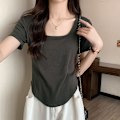Pikkukuva 3 / 5: Olkapää neliökaulus lyhythihainen T-paita naisten puuvilla kesä design-sense slim-fit all-match puhdas Spice Girl lyhyt T-paita Top Carbon Gray XL