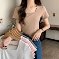 Pikkukuva 1 / 2: Olkapää neliökaulus lyhythihainen T-paita naisten puuvilla kesä design-sense slim-fit all-match puhdas Spice Girl lyhyt T-paita Top Khaki L