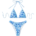 Pikkukuva 2 / 6: WJSM Naisten Halter-solmio Sivu Kolmio Bikinisetti Korkea Leikkaus 2-osainen Bikini Uimapuku Uimapuku Blue Floral M