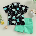 Miniatyrbild 2 av 7: Toddler Baby Pojke Kläder Shorts Set Dinosaurie Tryck Tröja Kortärmad Knäppning Upp Topp Enfärgade Shorts Sommar Outfit black 100cm