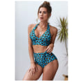 Miniatyrbillede 4 af 5: Dames Halter Leopard Bandeau Bikini Højtaljede Todelte Badetøj，Blå，XL