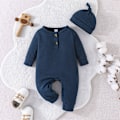 Miniatyrbilde 2 av 6: Spedbarn Gutter Jenter Klessett Nyfødt Baby Romper Lue Ribbestrikket Langermet Knapp Ensfarget Body Jumpsuit green 70CM
