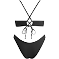 Miniatyrbillede 2 af 4: WJSM Kvinde Trekantet Bikini Smocked Tekstureret Scoop Flæset Print Ruched Elastisk Badedragt Todelt Badedragt Black M
