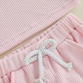Miniatyrbild 5 av 7: Sommarkläder för små flickor, våfflad topp med 3D-blommor, kortärmad, shorts med resår i midjan, söta babykläder pink 18-24M