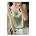 Miniatyrbillede 2 af 3: Silke Silke Skulderrem Dame Vest 2024 Sommer Ny Slim-fit V-hals Kort Elegant Inder Top T-shirt Grass Green XXL