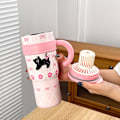 Miniatyrbild 3 av 5: Termosmugg för kattungar, stor kapacitet, jättestor vattenmugg, kallt sugrör, söt dubbeldricksmugg, ismugg för flickor Pink Peach Cat 700ML