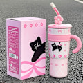 Miniatyrbild 5 av 5: Termosmugg för kattungar, stor kapacitet, jättestor vattenmugg, kallt sugrör, söt dubbeldricksmugg, ismugg för flickor Pink Peach Cat 700ML