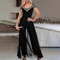 Miniatyrbilde 1 av 5: Dame Jumpsuits Ensfarget Lang Jumpsuit Elegant Dame Wide Leg Jumpsuit med V-hals Mesh Patchwork for Fester Arbeid eller Ball