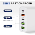 Miniatyrbilde 4 av 5: USB C Lader, 65W 5-Port USB C Lader med QC 3.0 Smart Hurtiglader, USB Strømadapter for iPhone 15 14 13 12 11 Pro MAX SE 2020 XS XR 8 7