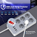 Miniatyrbillede 3 af 5: XJ-Smart stikdåse med 4 porte 3 USB A 1 USB C 6 Multiple stik Overspændingsbeskyttelse 1,2 m kabel