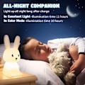 Miniatyrbillede 2 af 4: Kanin Natlampe med 7 Lysændringer, Klikstyring, USB-opladning, Timerfunktion, Sengelampe til Børneværelse, Legetøj, Silikone Natlampe