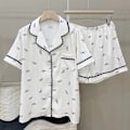 Miniatyrbillede 3 af 5: Dame Pyjamassæt Forår Sommer 2 Dele Sløjfe Print Pyjamas Faux Silke Satin Nattøj Kortærmet Pijama Mujer Pjs Homewear