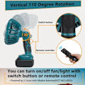 Miniatyrbillede 4 af 4: Ledningsfri ventilatorer til Makita - Industriel USB gulvventilator med LED-lys - Kompatibel med Makita 14.4-20V Li-Ion batteri - Fjernbetjening - 3 tilstande - Timer