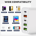 Miniatyrbilde 3 av 5: USB C Lader, 65W 5-Port USB C Lader med QC 3.0 Smart Hurtiglader, USB Strømadapter for iPhone 15 14 13 12 11 Pro MAX SE 2020 XS XR 8 7