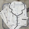 Miniatyrbillede 4 af 5: Dame Pyjamassæt Forår Sommer 2 Dele Sløjfe Print Pyjamas Faux Silke Satin Nattøj Kortærmet Pijama Mujer Pjs Homewear