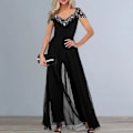 Miniatyrbilde 4 av 5: Dame Jumpsuits Ensfarget Lang Jumpsuit Elegant Dame Wide Leg Jumpsuit med V-hals Mesh Patchwork for Fester Arbeid eller Ball