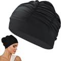 Oversized badehette for kvinner, badehette i nylon for langt hår, plissert design beskytter fletter og krøller, én størrelse, svart