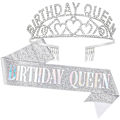 Miniatyrbillede 1 af 6: Sølv Fødselsdagsdronning Krone og Sash - Rhinestone Fødselsdag Tiara og Sash (Multifarvet Bogstaver)