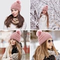 Miniatyrbilde 6 av 6: Hatt for kvinner, myk vinterlue, varm fleecefôret lue, strikket ullhatt med kunstig pels-pompom 3