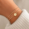 Miniatyrbillede 2 af 6: A-Z Guld Initial Armbånd til Kvinder Trendy - Fint 21K Forgyldt Lagdelt Perlebogstav Initial Armbånd Personligt Disk Monogram Armbånd