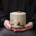 Miniatyrbillede 1 af 5: 1-delt Stengods Stor Opbevaringskrukke Keramik Tætning Krukke Kæledyrs Aske Mindeboks Fawn Mønster