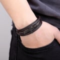 Miniatyrbillede 2 af 5: Rustfrit stål korsarmbånd bangle til mænd guld sølv sort læderrem 20