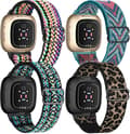 4-delad elastisk nylonrem kompatibel med Fitbit versa 3 / Fitbit sense, justerbar elastisk sportrem för smartklocka (BohoRainbow/Grön Pil)